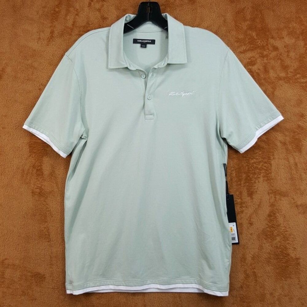 KARL LAGERFELD Polo Shirt Mens Small Light Green Contrast Trim Stretch Logo $119